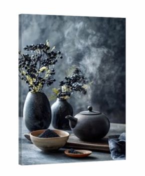 Dark-toned still life with tea-related objects