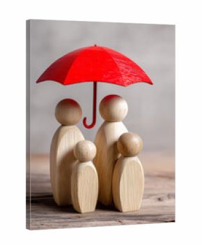 A family of wooden figures is protected by a red umbrella on a wooden surface, conveying the idea of security and protection.