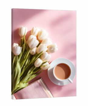 Elegant white tulips alongside a cup of tea on a pink background