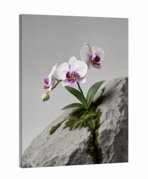 A photorealistic studio shot of a white and purple orchid plant growing from a crevice on a large, textured grey rock.