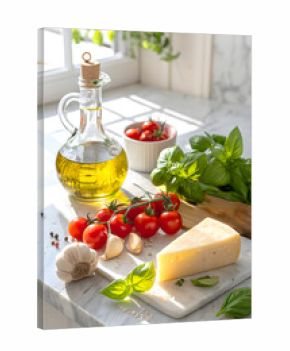 Fresh Tomatoes and Herbs on a Marble Kitchen Counter
