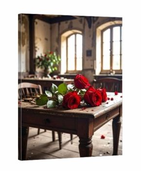 Red roses on an antique table in a dilapidated room (1)