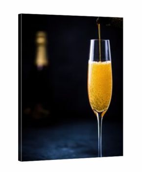 Golden Bubbly Stream into Flute, Dark Backdrop, Elegant, Festive, Celebration, Sparkling Wine, Close-up, Copy Space, High-Quality, Dramatic Lighting