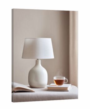 Serene still life depicting a cozy reading nook with a lamp, a cup of tea and a book. Represents relaxation, mindfulness, and home comfort. Use for lifestyle, interiors, or wellness.