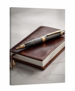Luxurious Dark Gray Pen on Brown Leather Notebook