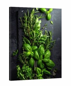 Fresh herbs arranged on dark slate