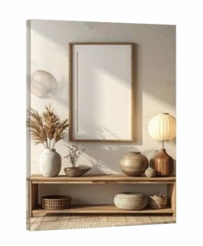 Minimalist wooden console with framed art