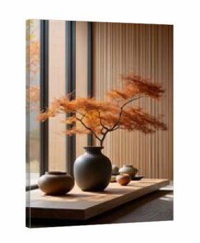 Minimalist interior with fall foliage arrangement and pottery on wooden platform