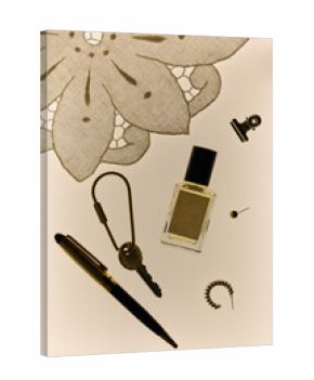 Flat lay of perfume bottle mockup with everyday personal items