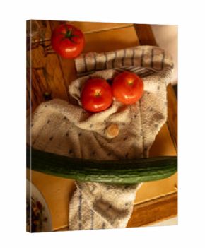 Fresh Vegetables on Linen Towel in Rustic Kitchen