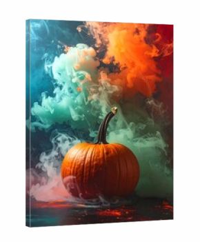 Orange pumpkin in colorful smoke
