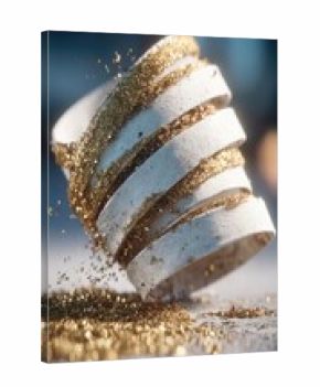 Whimsical, gold-glittered, spiraled object, falling