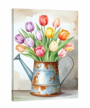 Watercolor tulips in rusty watering can