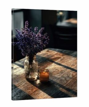 Lavender bouquet in mason jar on rustic table