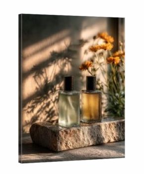 Premium skincare still life: frosted glass bottles generic, marble slab, dew droplets, natural daylight, botanical shadows, unbranded, copy space to left 