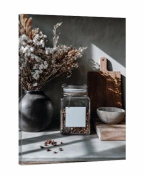 Jar of peppercorns with black vase and dried flowers   Natural light rustic kitchen decor   Organic cooking ingredients aesthetic   Product branding background