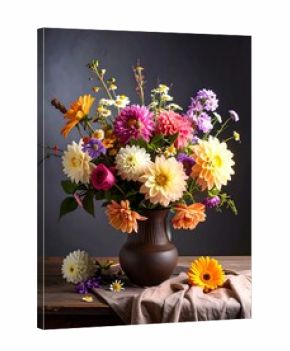 Vibrant floral bouquet in dark vase on rustic table