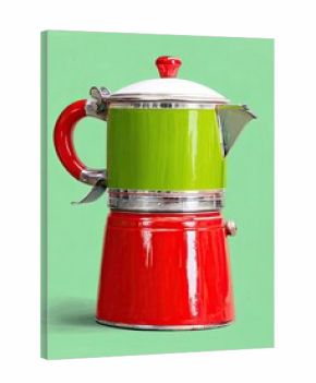 Italian coffee maker brewing fresh espresso on green background
