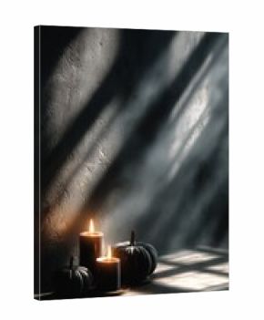 Candles and pumpkins create a cozy and mysterious atmosphere in dimly lit space