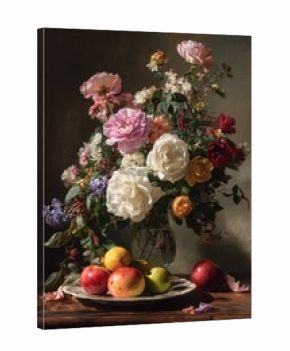 Chiaroscuro Still Life - Lush Roses, Mixed Blooms, and Ripe Fruit on Dark Wood Table.