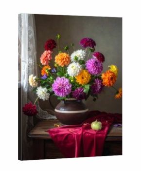 Colorful Dahlia bouquet in a rustic vase
