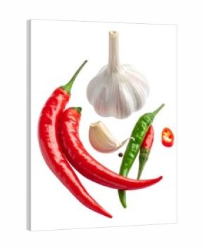 Close-up of red chili peppers, garlic, and green chili peppers