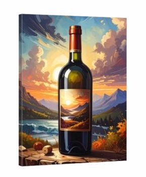 Wine bottle with sunset landscape label. Autumnal scene