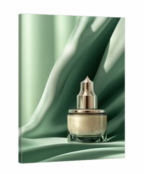 Luxurious, light cream,  bottle on mint green fabric