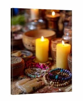 Shaman accessories with burning candles on ritual table. Ritual concept