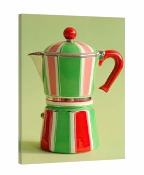 Italian coffee maker with green, white and red stripes on light green background