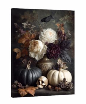 Mroczna, holenderska martwa natura: bukiet piwonii w wazonie, otoczony czarną i białą dynią, czaszką, krukami, jesiennymi liśćmi i szyszkami w klimacie Dark Academia/Gotyckim.