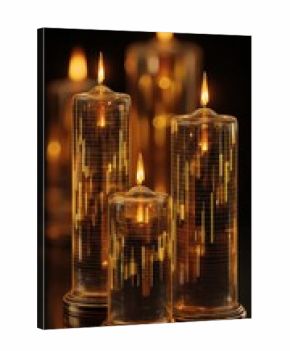 Three illuminated glass candle holders with digital matrix patterns, glowing warmly against a dark background