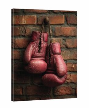 Aged red boxing gloves suspended from leather straps against textured brick background, dramatic still life capturing the spirit of determination and hard-earned strength