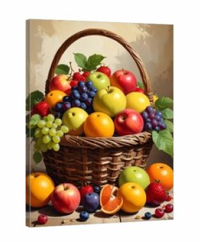 A vibrant woven basket overflows with a colorful bounty of various fresh fruits