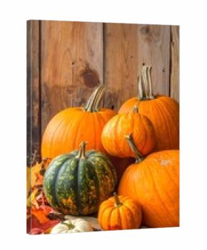 Still life of various pumpkins and fall foliage