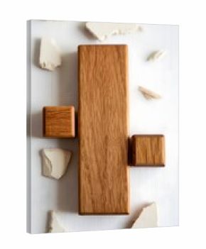 Wooden blocks and plaster shards create minimalist composition on white background artful arrangement