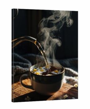 Hot water pouring into a mug filled with chamomile tea and fresh daisy flowers