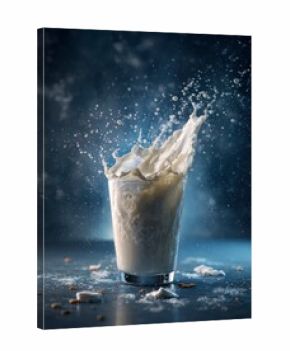 Splashing Milk in a Glass with Droplets and Artistic Background