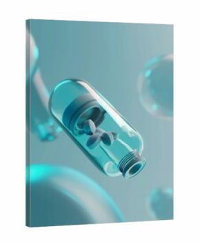 A clear bottle with a flower inside floating among bubbles on a light blue gradient background scene