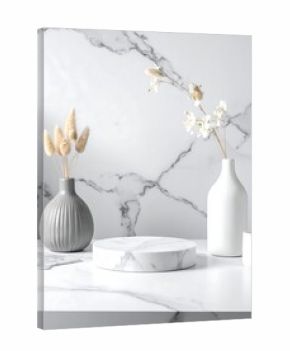 Still life composition with minimalist vases, dried florals, and marble surface backdrop and base