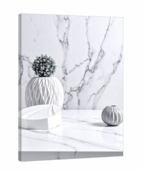Still life composition with minimalist vases, a decorative plant, and a sleek geometric dish on a marble surface