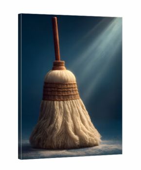 Classic Straw Broom Standing Under Dramatic Light on Dark Blue Background
