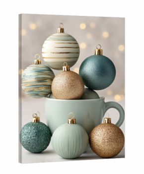 Christmas ornaments in teal and gold displayed on mug holiday decoration