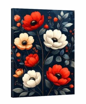 A vibrant, artistic floral arrangement with bold red, white, and yellow anemone-like flowers against a dark blue background