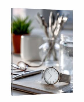 Elevated view of an elegant wristwatch atop a journal with a pen, glasses and succulent, bathed in natural light. Time for new ideas.