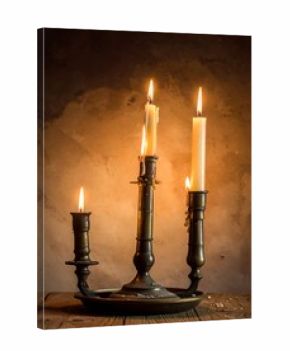 Three burning candles of different heights stand in an antique metal candelabra on wooden surface before a textured background