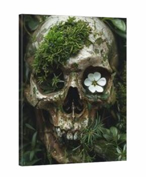 Human skull overgrown with moss and plants, with a white flower in the eye socket, close up view