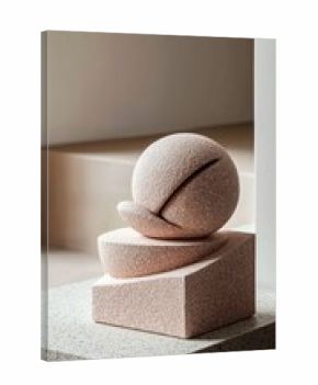 An abstract sculpture composed of geometric shapes rests on a stone surface, set in a minimalist interior with soft lighting.