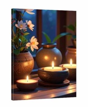 Close-up of candles glowing warmly on a wood surface, with floral arrangements and pottery near a window. Evening light