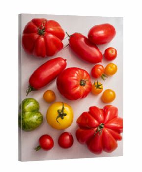 View from above variety of heirloom tomatoes on white background 